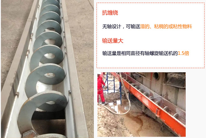 WLS無軸蘑菇视频网址官网輸送量大是相同直徑有軸蘑菇视频网址官网的1.5倍，抗纏繞性好，無軸設計，可輸送濕的、粘稠的或粘性物料。